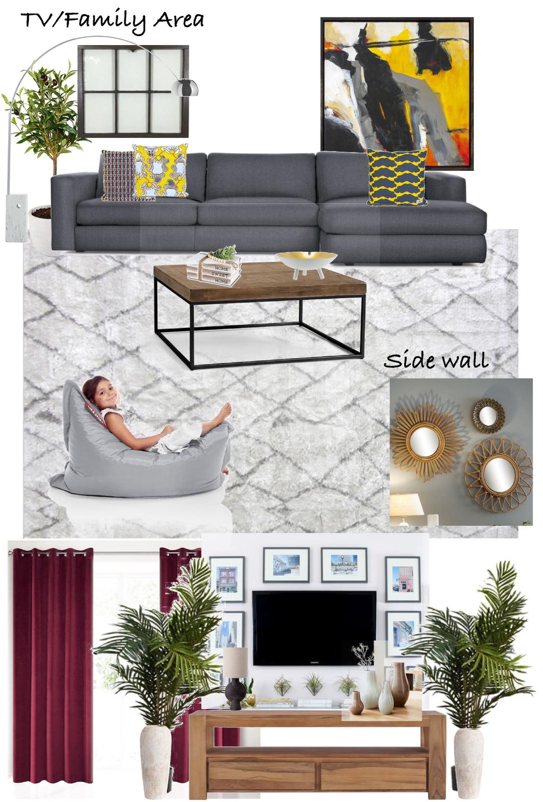 Moodboard van een styliste met meubels, kleuren en een abstract schilderij als richtpunt van de inrichting